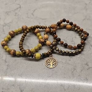 Tree of Life Beaded Bracelet Set - Gold and Brown